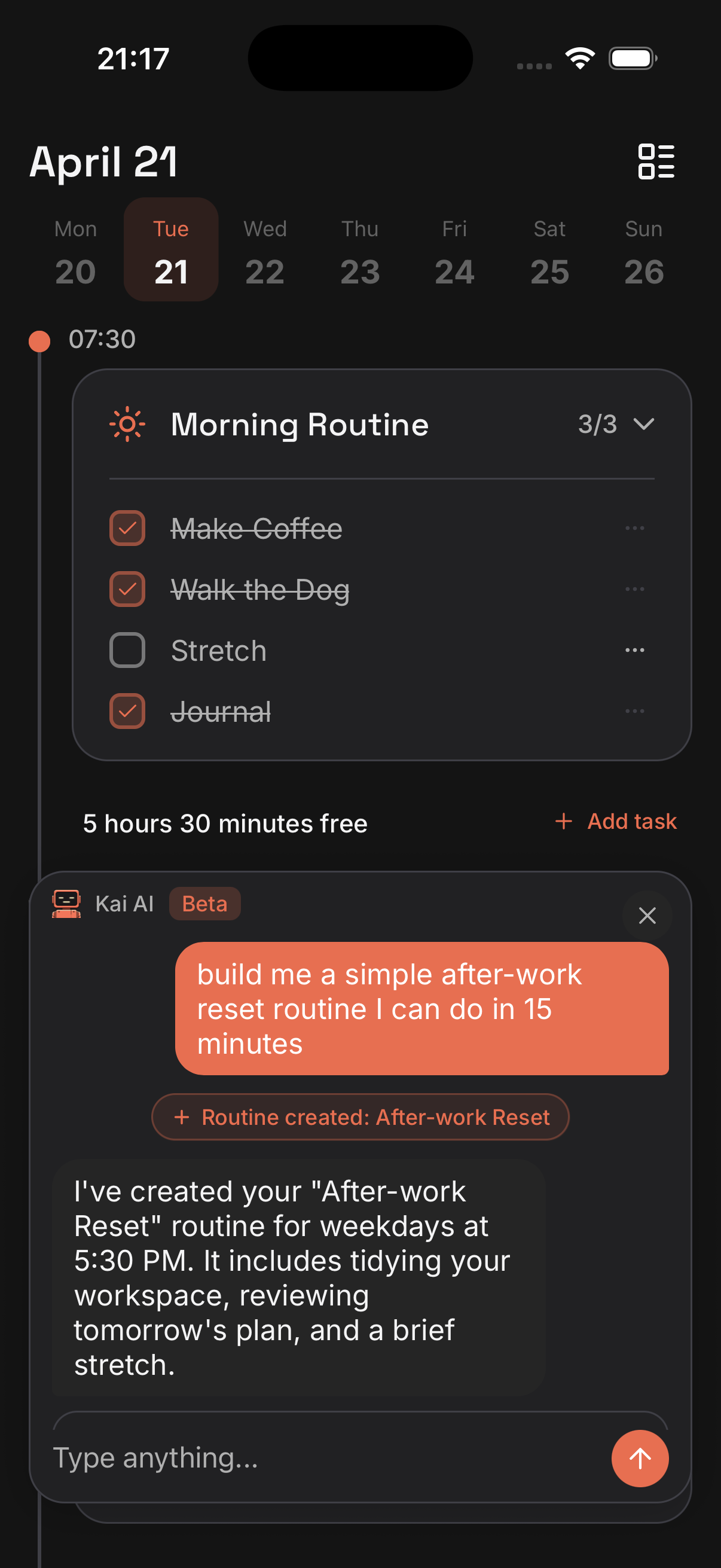 Kai AI planning screen for turning goals into routines.